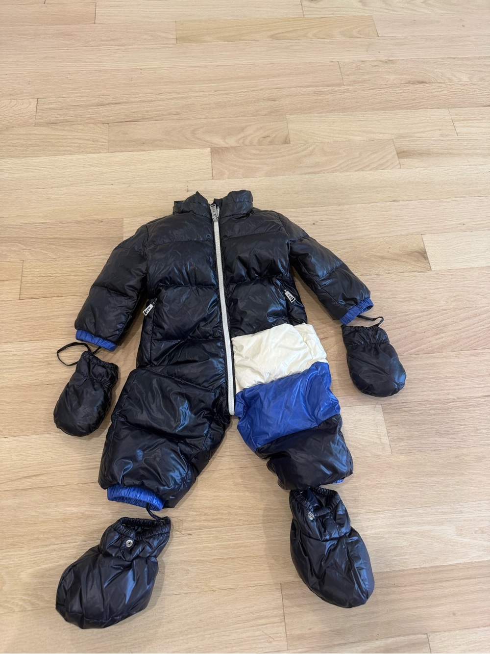 SAM. Kids Black Puffer One-Piece Snowsuit with Blue & Cream Panel